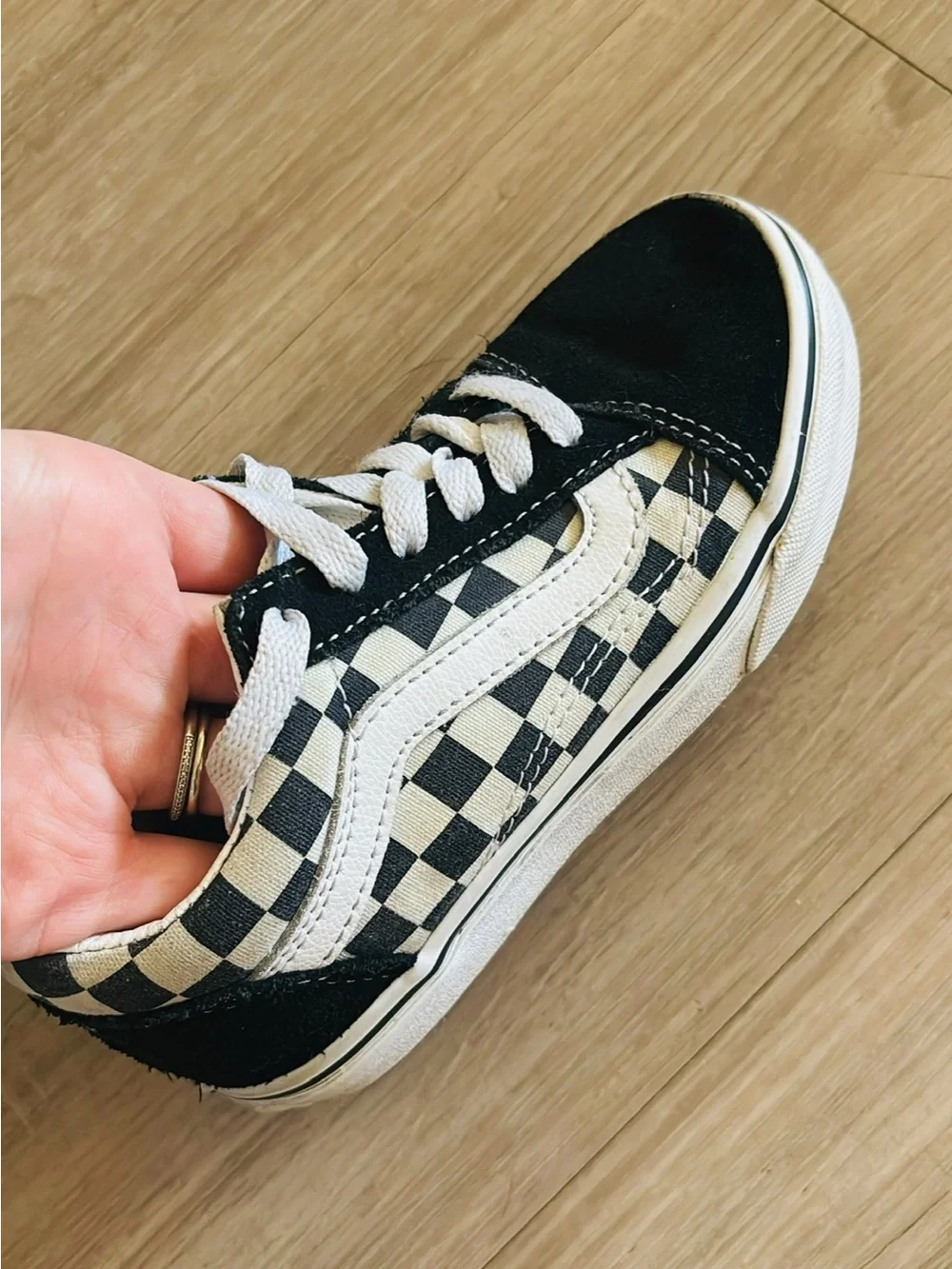 Vans Kids Checkerboard Lace-Up Skate Shoe in Black & White 12.5c